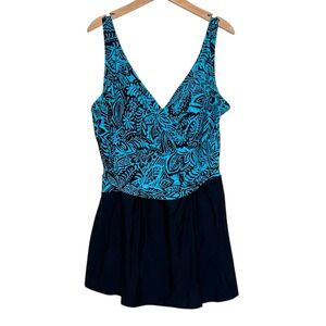 Ocean Dream Signature Swimdress 24W Blue Black Floral One‎ Piece Plus Size